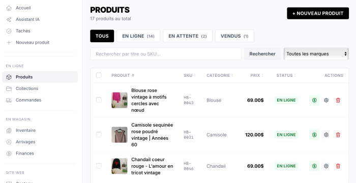 Honeybou - Dashboard admin boutique vintage
